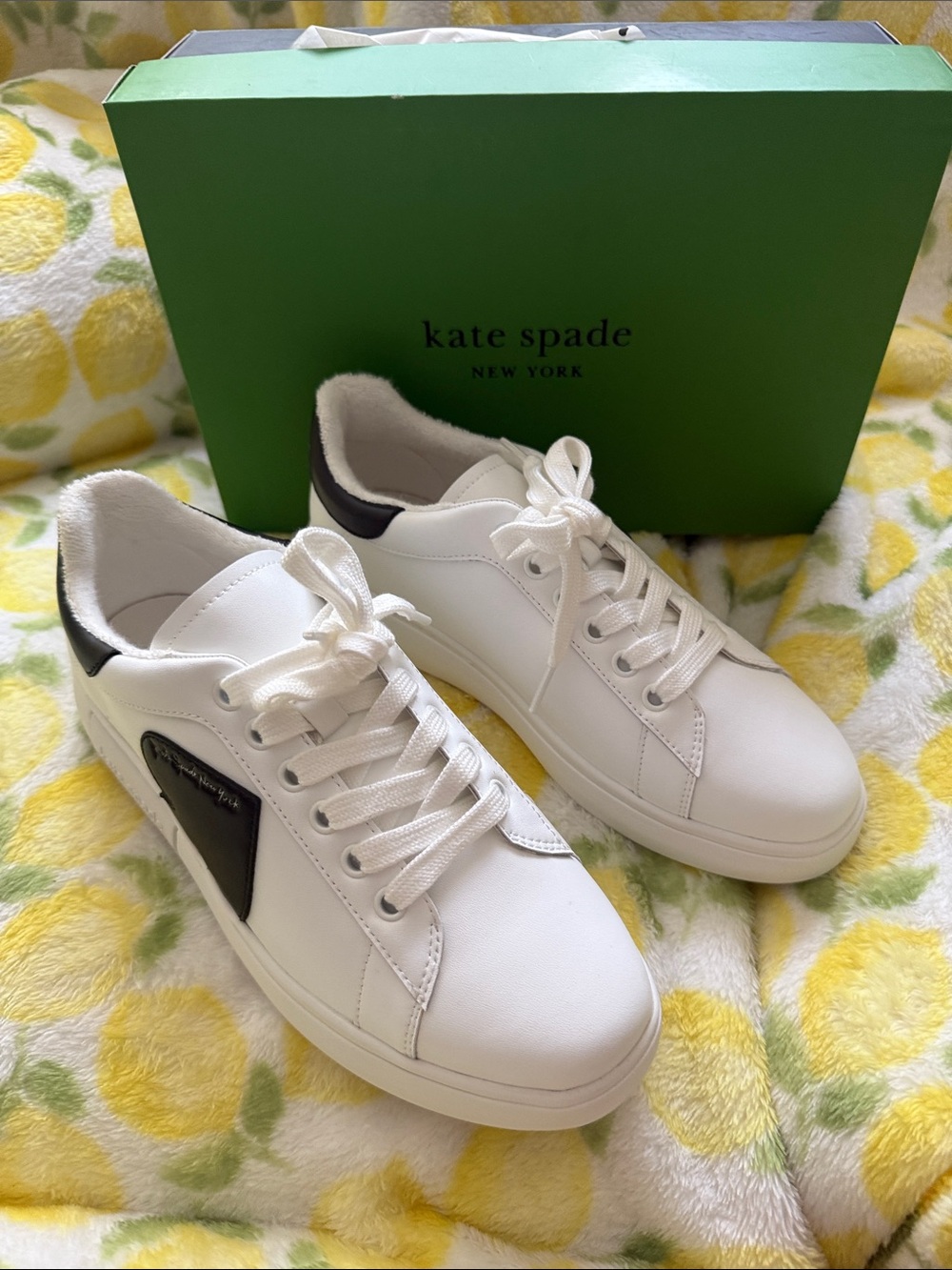 kate spade White Leather Sneakers with Black Heel and Side Accent